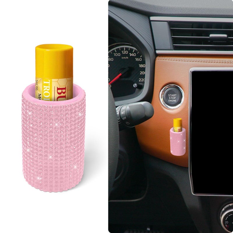 xbrtaia 1 Pack Upright Car Chapstick Holder  Bling Insulating Lip Balm Holder Rhinestone Car Accessories for Women Interior Suitable for Most Vehicles.(Pink) - Image 1